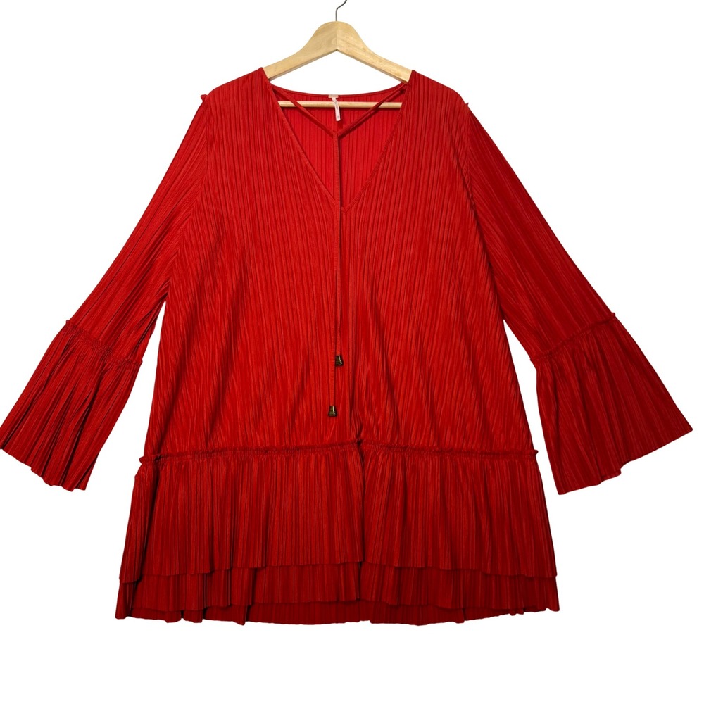 Free People | Can't Help It Red Plisse Pleated Mini Swing Dress, size M